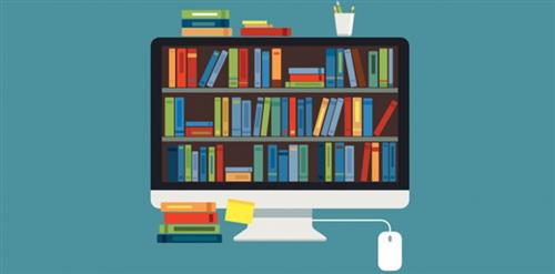 Computer screen filled with colorful books Computer screen filled with colorful books